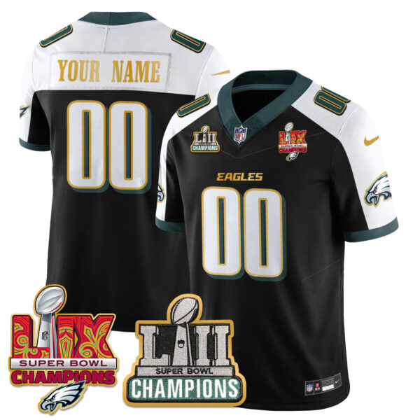 Philadelphia Eagles LII-LIX Super Bowl Champions Gold Custom Jersey – All Stitched – Black Alternate Jersey