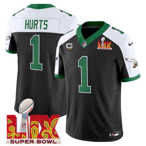 Philadelphia Eagles Kelly Green Super Bowl LIX Patch Vapor Limited Jersey – All Stitched – Black Alternate – Jalen Hurts Jersey