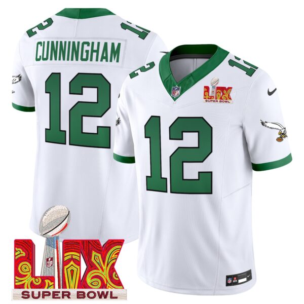 Philadelphia Eagles Kelly Green Super Bowl LIX Patch Vapor Limited Jersey – All Stitched – Kelly White – Randall Cunningham Jersey