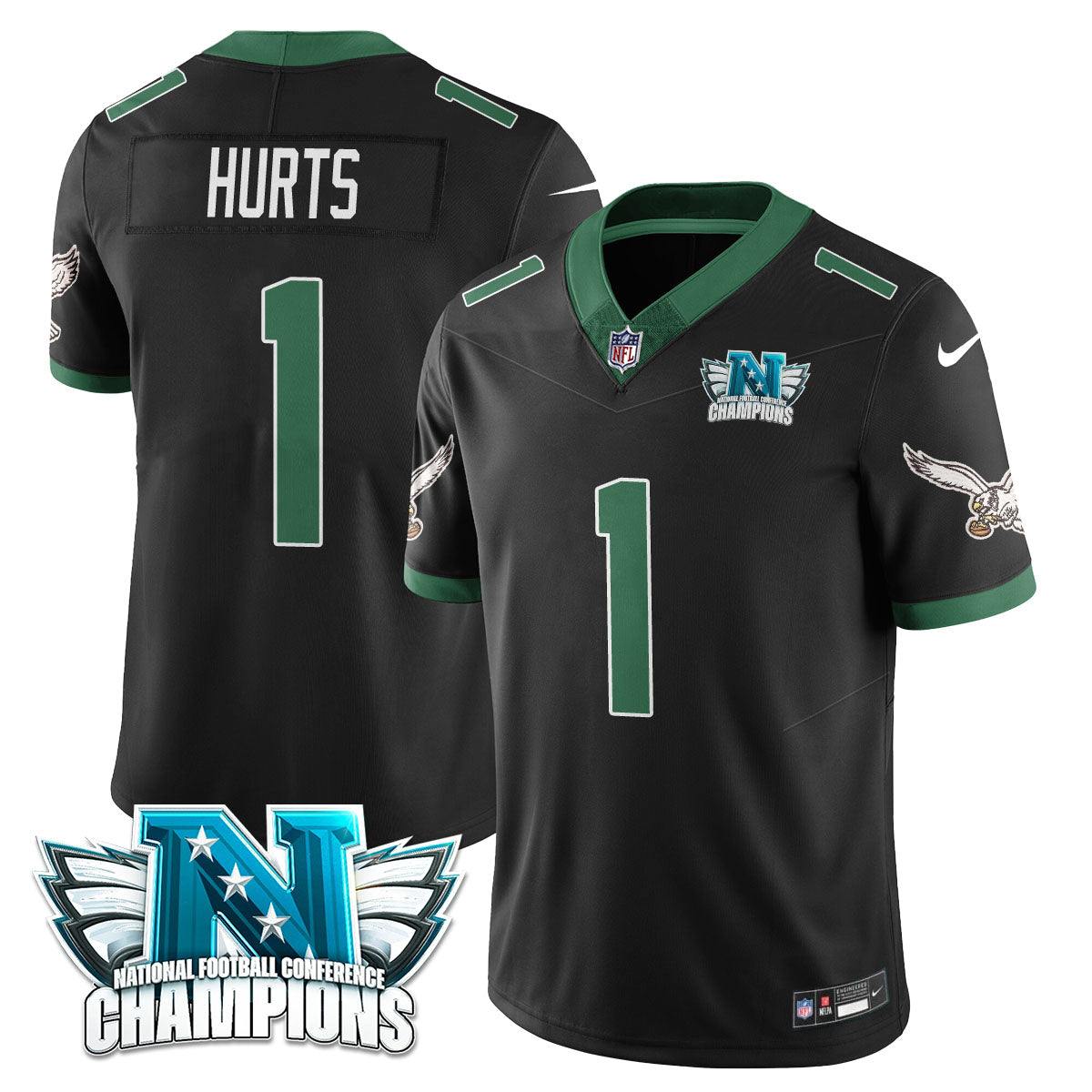 Philadelphia Eagles 2024 NFC Champion Player Jersey – All Stitched – Black – Jalen Hurts Jersey