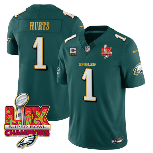 Philadelphia Eagles Super Bowl LIX Champions Gold Trim Vapor Limited Jersey – All Stitched – Jalen Hurts – Midnight Green Jersey