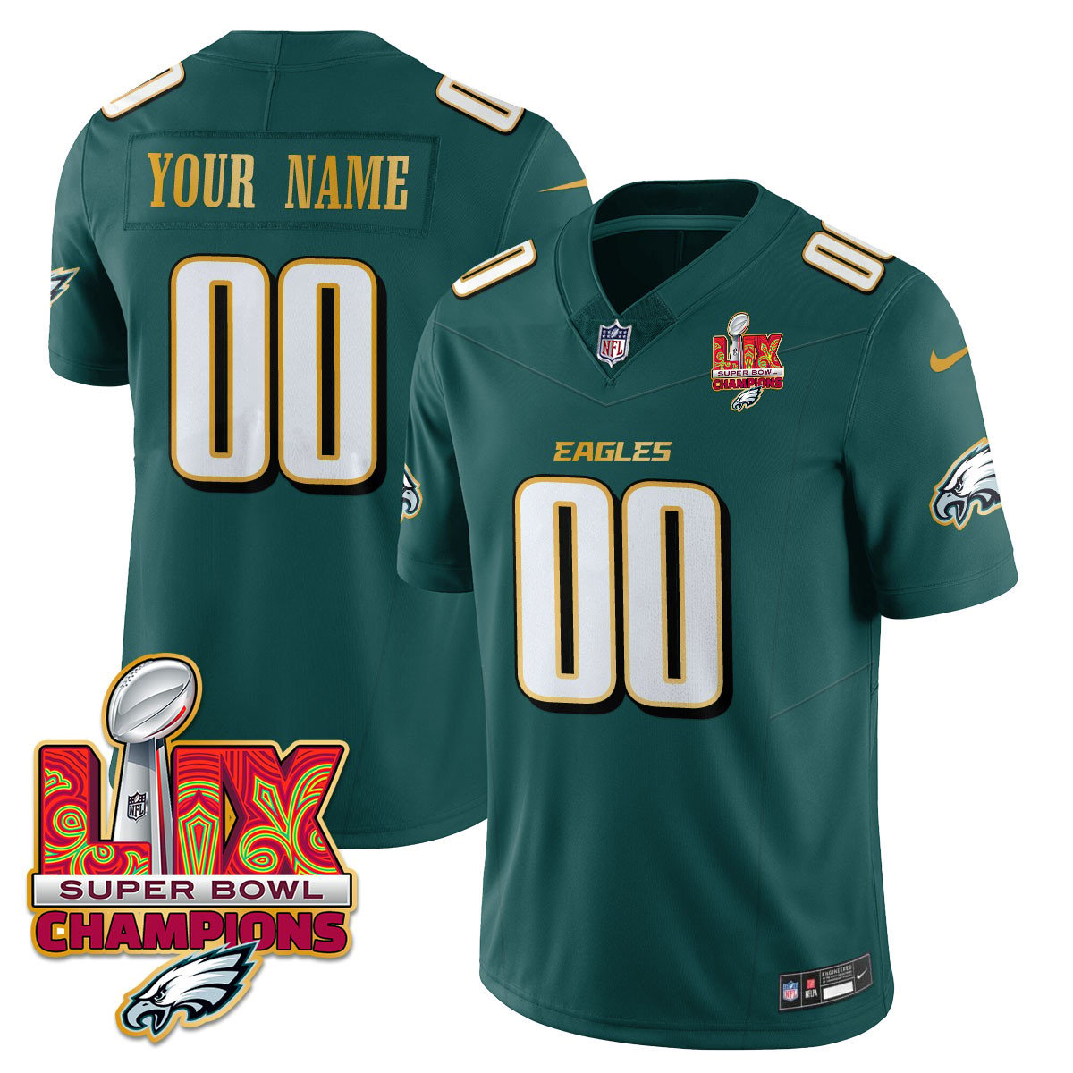 Custom Name/Gender Philadelphia Eagles Super Bowl LIX Champions Gold Trim Vapor Limited Jersey – All Stitched – Midnight Green Jersey