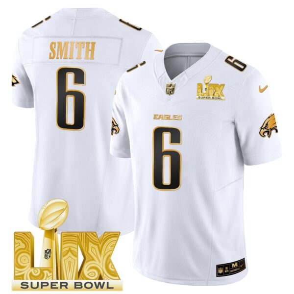 Philadelphia Eagles Super Bowl LIX Patch Gold Vapor Limited Jersey – All Stitched – White Gold – DeVonta Smith Jersey