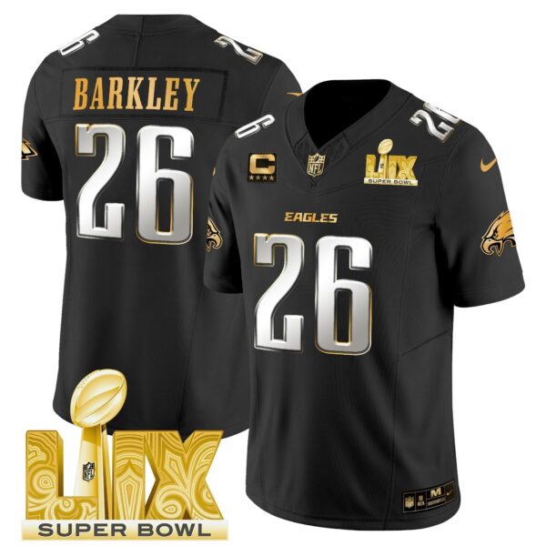 Philadelphia Eagles Super Bowl LIX Patch Gold Vapor Limited Jersey – All Stitched – Black Limited – Saquon Barkley Jersey