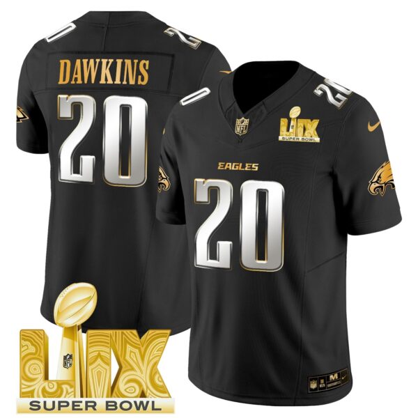 Philadelphia Eagles Super Bowl LIX Patch Gold Vapor Limited Jersey – All Stitched – Black Limited – Brian Dawkins Jersey