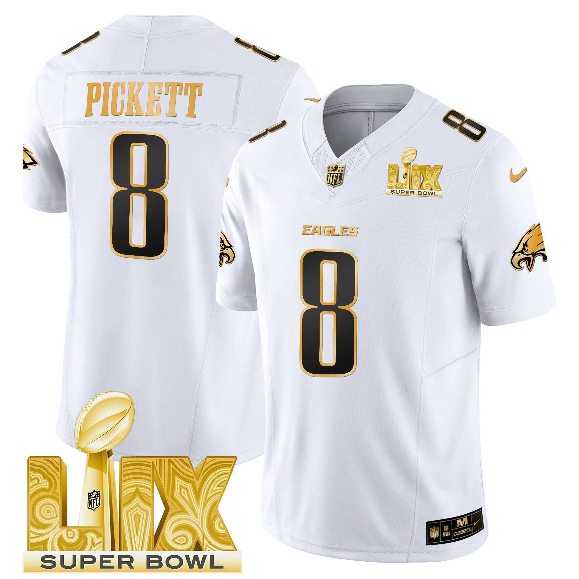 Philadelphia Eagles Super Bowl LIX Patch Gold Vapor Limited Jersey – All Stitched – White Gold – Kenny Pickett Jersey