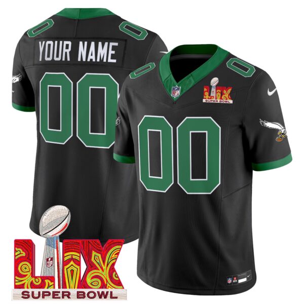 Philadelphia Eagles Kelly Green Super Bowl LIX Patch Vapor Limited Custom Jersey – All Stitched – Black Jersey