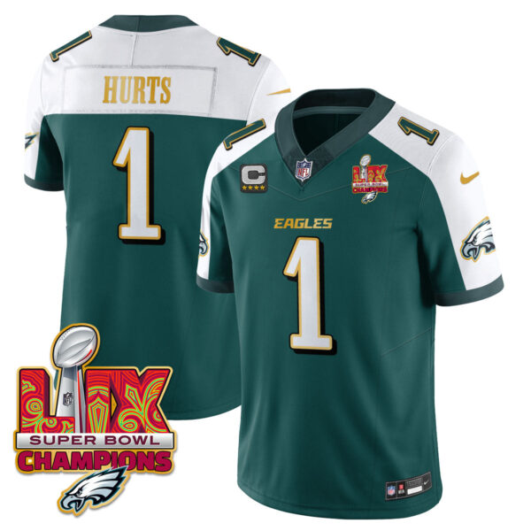 Philadelphia Eagles Super Bowl LIX Champions Gold Trim Vapor Limited Jersey – All Stitched – Jalen Hurts – Green Alternate Jersey