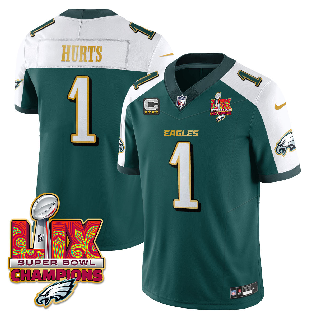 Philadelphia Eagles Super Bowl LIX Champions Gold Trim Vapor Limited Jersey – All Stitched – Jalen Hurts – Green Alternate Jersey