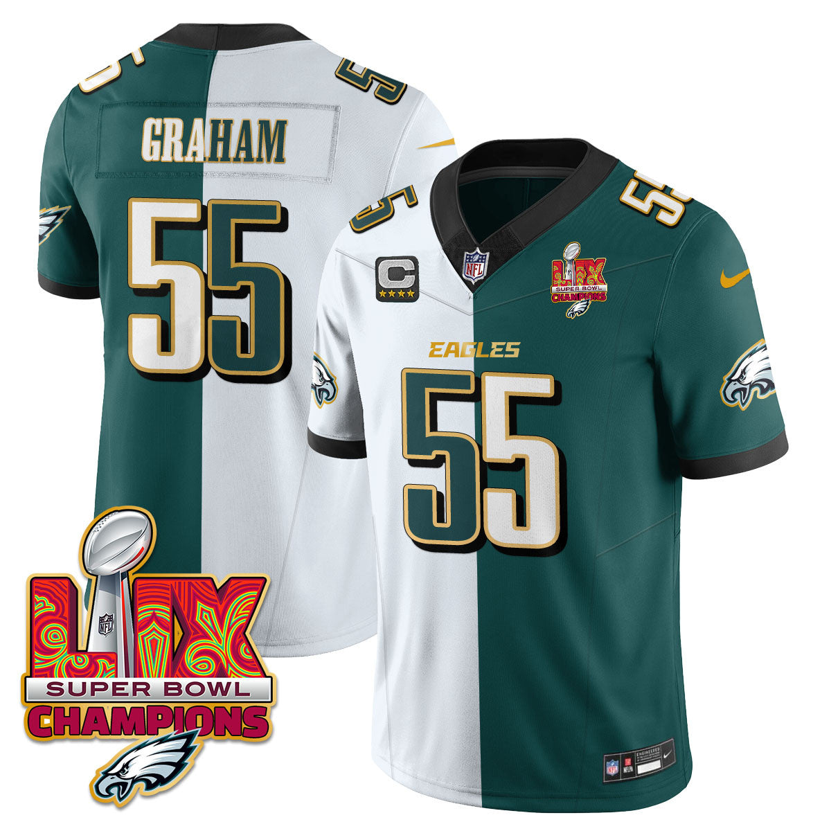 Philadelphia Eagles Super Bowl LIX Champions Gold Trim Vapor Limited Jersey – All Stitched – Brandon Graham – Split Jersey
