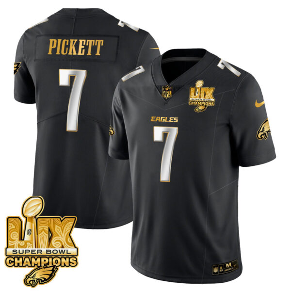 Philadelphia Eagles Super Bowl LIX Champions Gold Trim Vapor Limited Jersey – All Stitched – Kenny Pickett – Black Limited Jersey