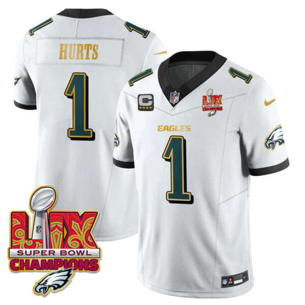 Philadelphia Eagles Super Bowl LIX Champions Gold Trim Vapor Limited Jersey – All Stitched – Jalen Hurts – White Jersey