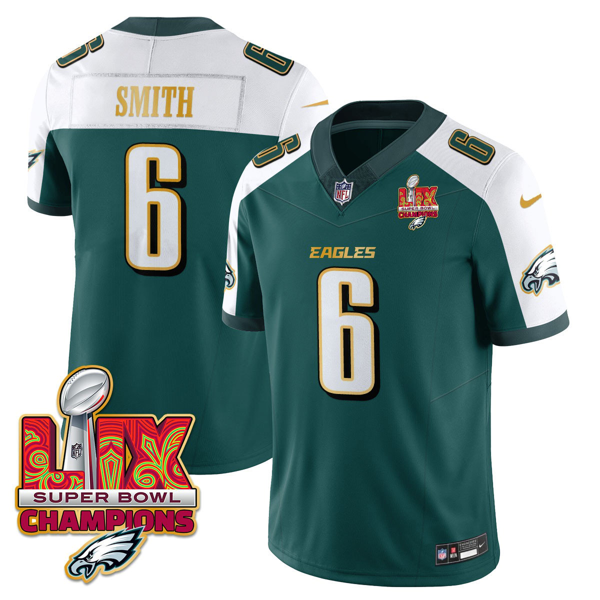 Philadelphia Eagles Super Bowl LIX Champions Gold Trim Vapor Limited Jersey – All Stitched – DeVonta Smith – Green Alternate Jersey