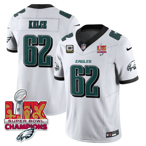 Philadelphia Eagles Super Bowl LIX Champions Gold Vapor Limited Jersey – All Stitched – Jason Kelce – White Jersey