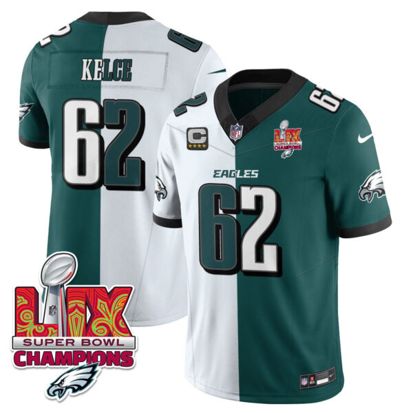 Philadelphia Eagles Super Bowl LIX Champions Gold Vapor Limited Jersey – All Stitched – Jason Kelce – Split Jersey