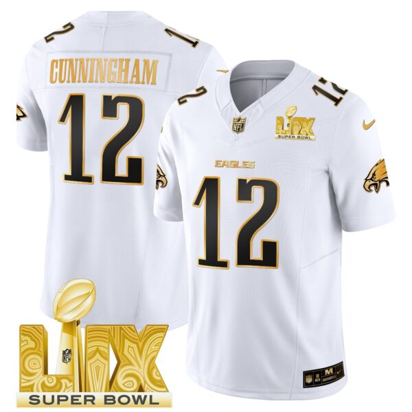 Philadelphia Eagles Super Bowl LIX Patch Gold Vapor Limited Jersey – All Stitched – White Gold – Randall Cunningham Jersey
