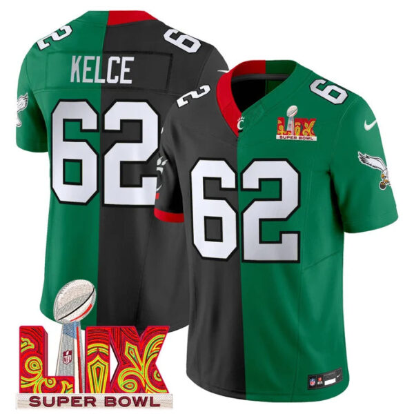 Split Philadelphia Eagles Super Bowl LIX & College Football Vapor Limited Jersey – All Stitched – Jason Kelce Jersey