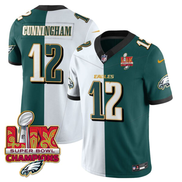 Philadelphia Eagles Super Bowl LIX Champions Gold Trim Vapor Limited Jersey – All Stitched – Randall Cunningham – Split Jersey