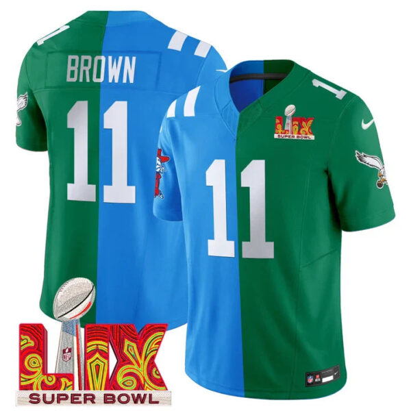Split Philadelphia Eagles Super Bowl LIX & College Football Vapor Limited Jersey – All Stitched – A.J. Brown Jersey