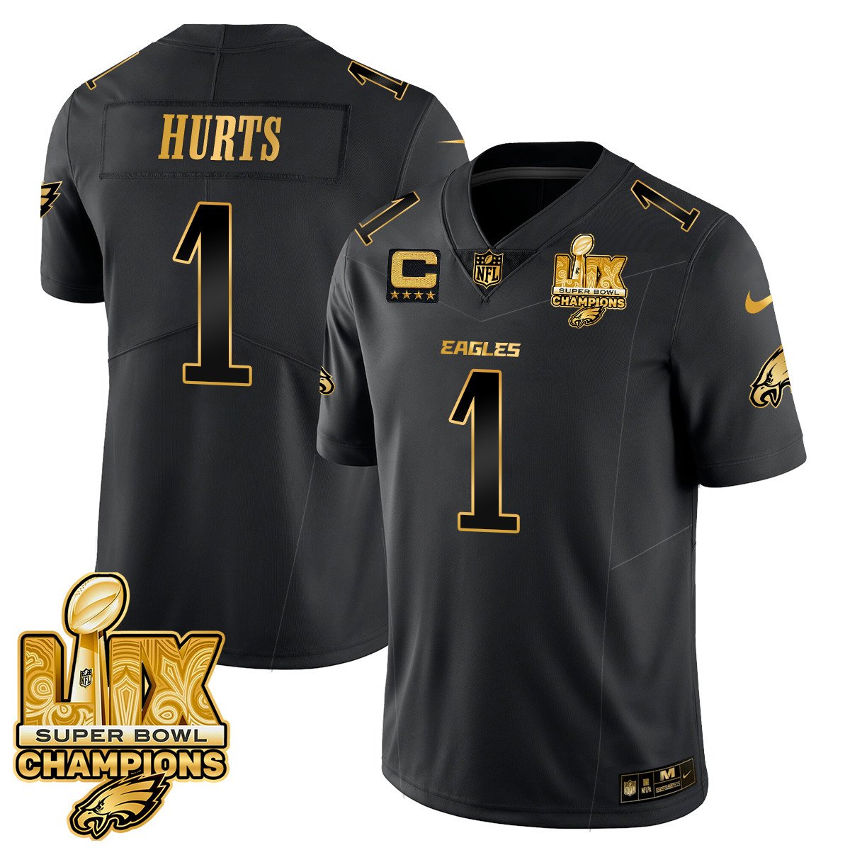 Philadelphia Eagles Super Bowl LIX Champions Gold Trim Vapor Limited Jersey – All Stitched – Jalen Hurts – Black Gold Jersey