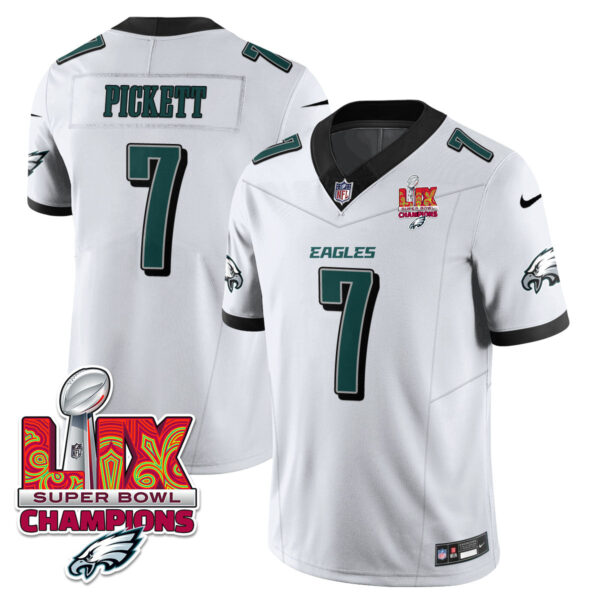 Philadelphia Eagles Super Bowl LIX Champions Gold Trim Vapor Limited Jersey – All Stitched – Kenny Pickett – White Jersey