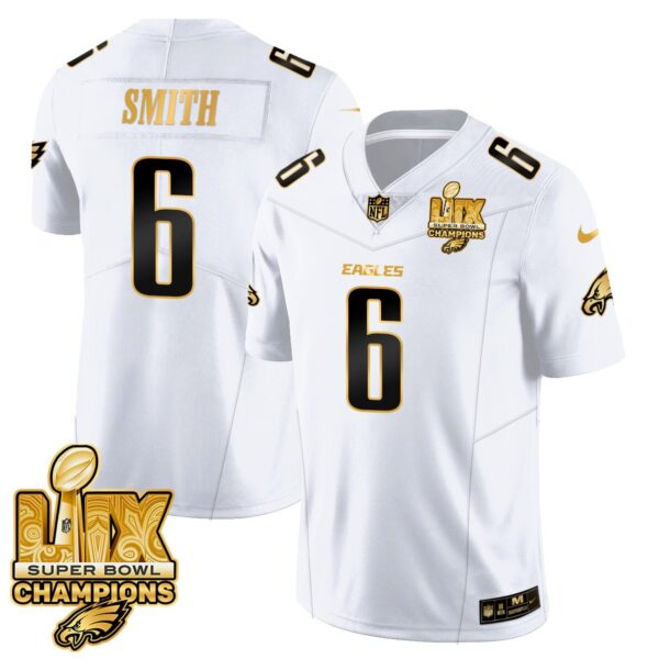 Philadelphia Eagles Super Bowl LIX Champions Gold Trim Vapor Limited Jersey – All Stitched – DeVonta Smith – White Gold Jersey