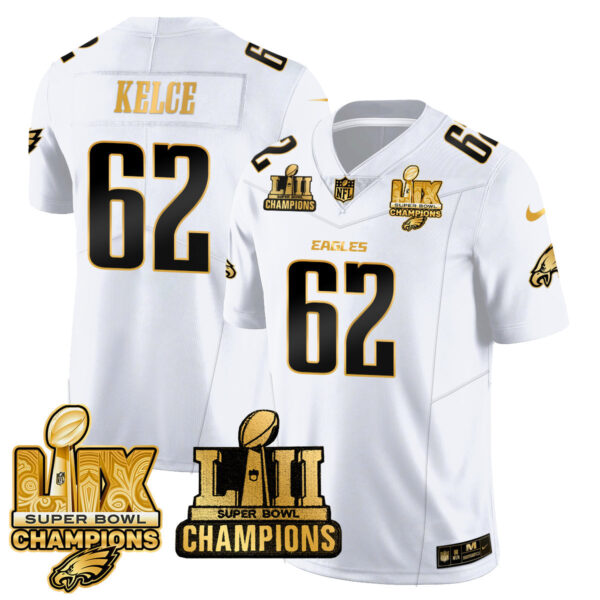 Philadelphia Eagles LII-LIX Super Bowl Champions Gold Jersey – All Stitched – White Gold – Jason Kelce Jersey