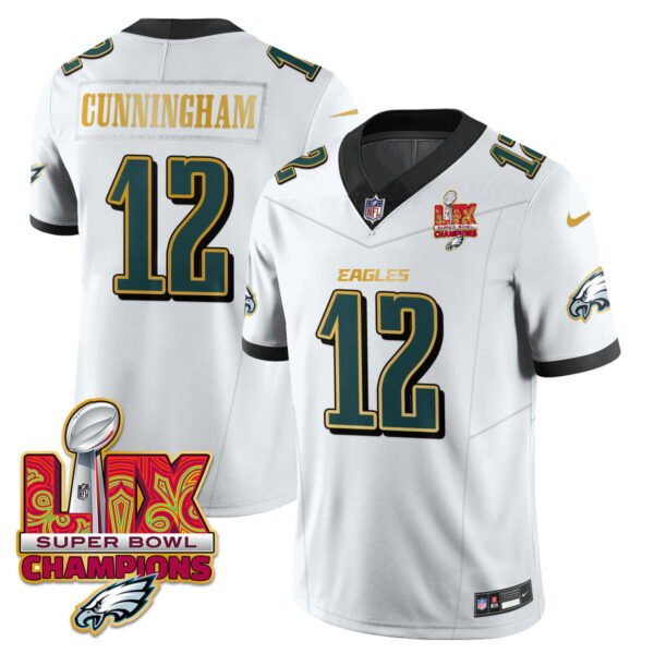 Philadelphia Eagles Super Bowl LIX Champions Gold Trim Vapor Limited Jersey – All Stitched – Randall Cunningham – White Jersey