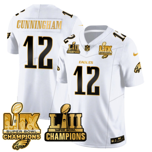 Philadelphia Eagles LII-LIX Super Bowl Champions Gold Jersey – All Stitched – White Gold – Randall Cunningham Jersey