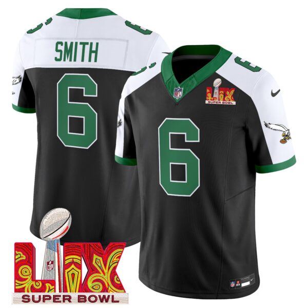 Philadelphia Eagles Kelly Green Super Bowl LIX Patch Vapor Limited Jersey – All Stitched – Black Alternate – DeVonta Smith Jersey