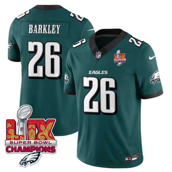 Philadelphia Eagles Super Bowl LIX Champions Gold Vapor Limited Jersey – All Stitched – Saquon Barkley – Midnight Green Jersey