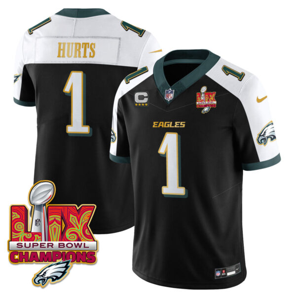 Philadelphia Eagles Super Bowl LIX Champions Gold Trim Vapor Limited Jersey – All Stitched – Jalen Hurts – Black Alternate Jersey