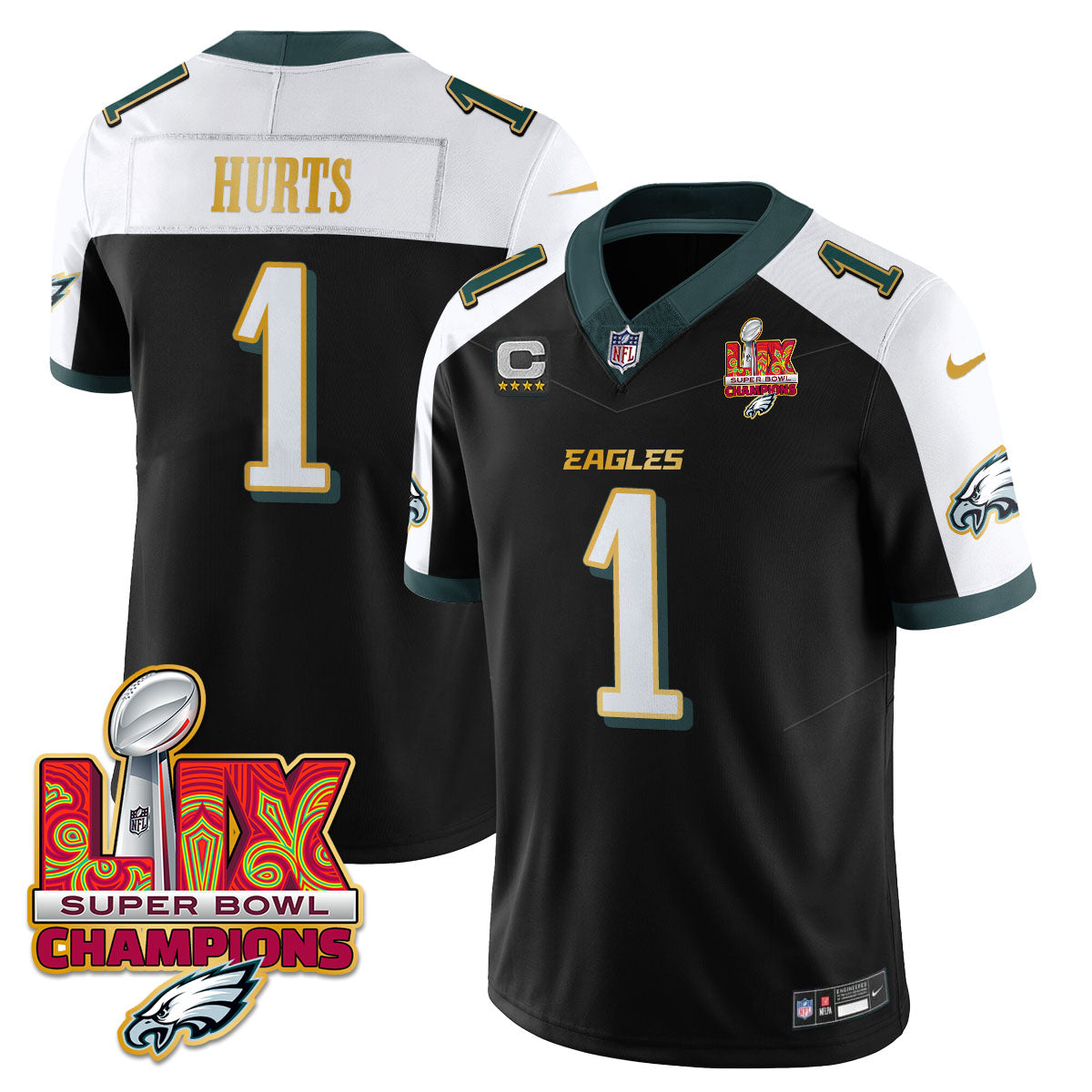 Philadelphia Eagles Super Bowl LIX Champions Gold Trim Vapor Limited Jersey – All Stitched – Jalen Hurts – Black Alternate Jersey
