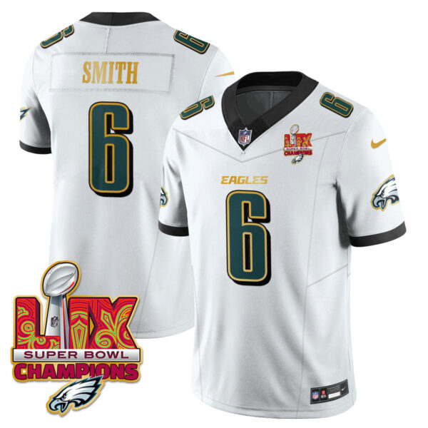 Philadelphia Eagles Super Bowl LIX Champions Gold Trim Vapor Limited Jersey – All Stitched – DeVonta Smith – White Jersey