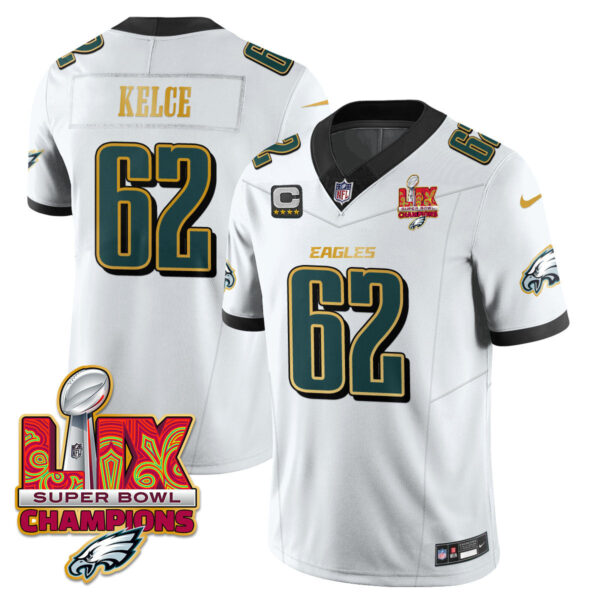 Philadelphia Eagles Super Bowl LIX Champions Gold Trim Vapor Limited Jersey – All Stitched – Jason Kelce – White Jersey