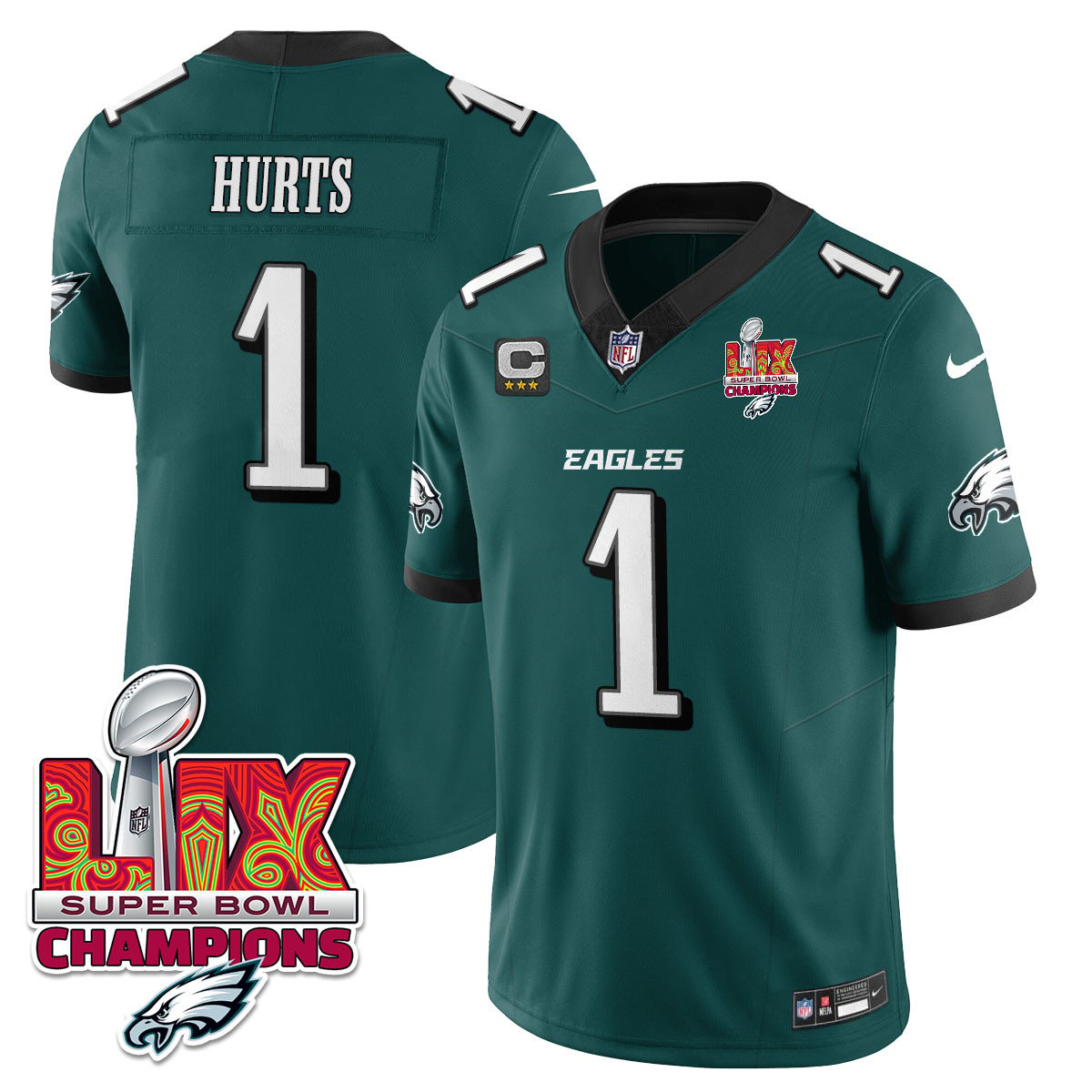 Philadelphia Eagles Super Bowl LIX Champions Gold Vapor Limited Jersey – All Stitched – Jalen Hurts – Midnight Green Jersey