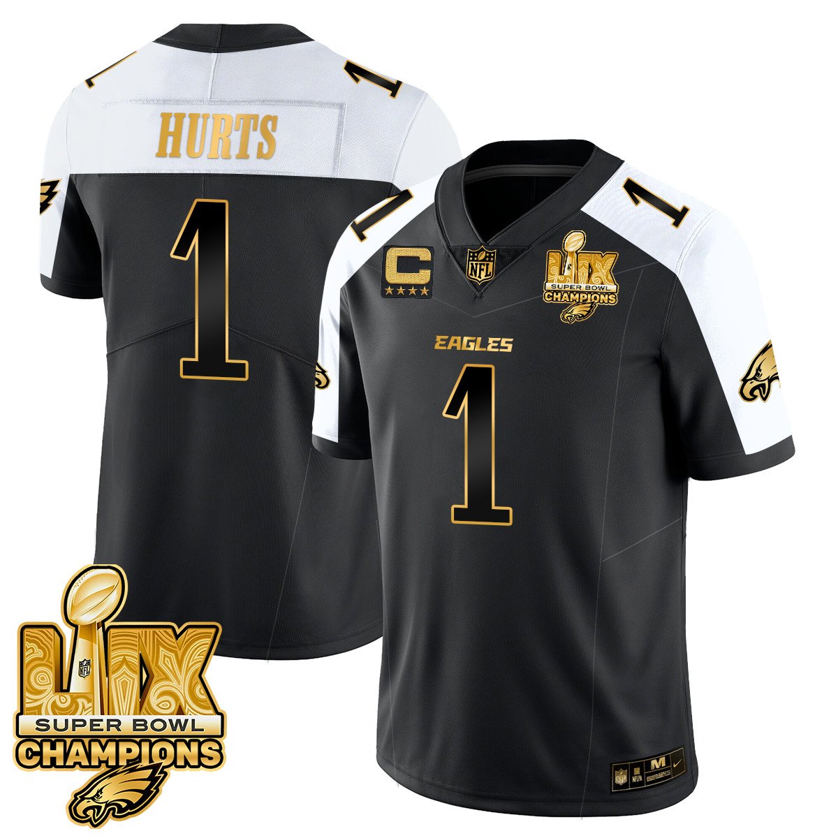 Philadelphia Eagles Super Bowl LIX Champions Gold Trim Vapor Limited Jersey – All Stitched – Jalen Hurts – Alternate Jersey