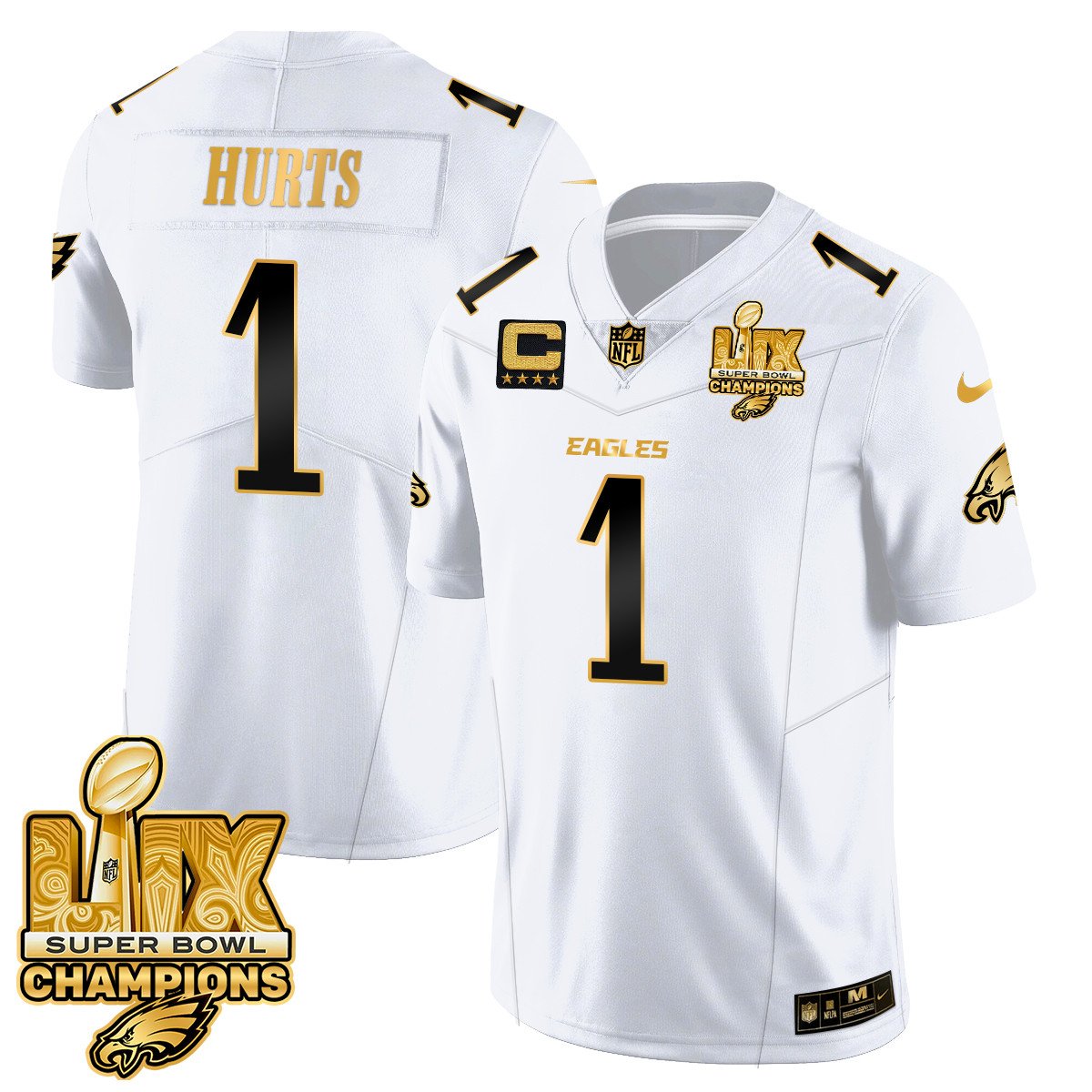 Philadelphia Eagles Super Bowl LIX Champions Gold Trim Vapor Limited Jersey – All Stitched – Jalen Hurts – White Gold Jersey