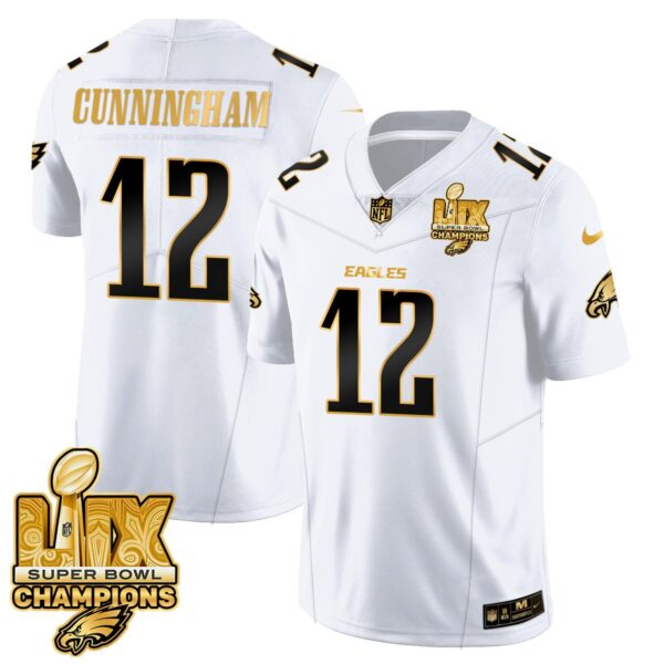 Philadelphia Eagles Super Bowl LIX Champions Gold Trim Vapor Limited Jersey – All Stitched – Randall Cunningham – White Gold Jersey