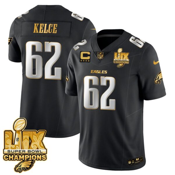 Philadelphia Eagles Super Bowl LIX Champions Gold Trim Vapor Limited Jersey – All Stitched – Jason Kelce – Black Limited Jersey