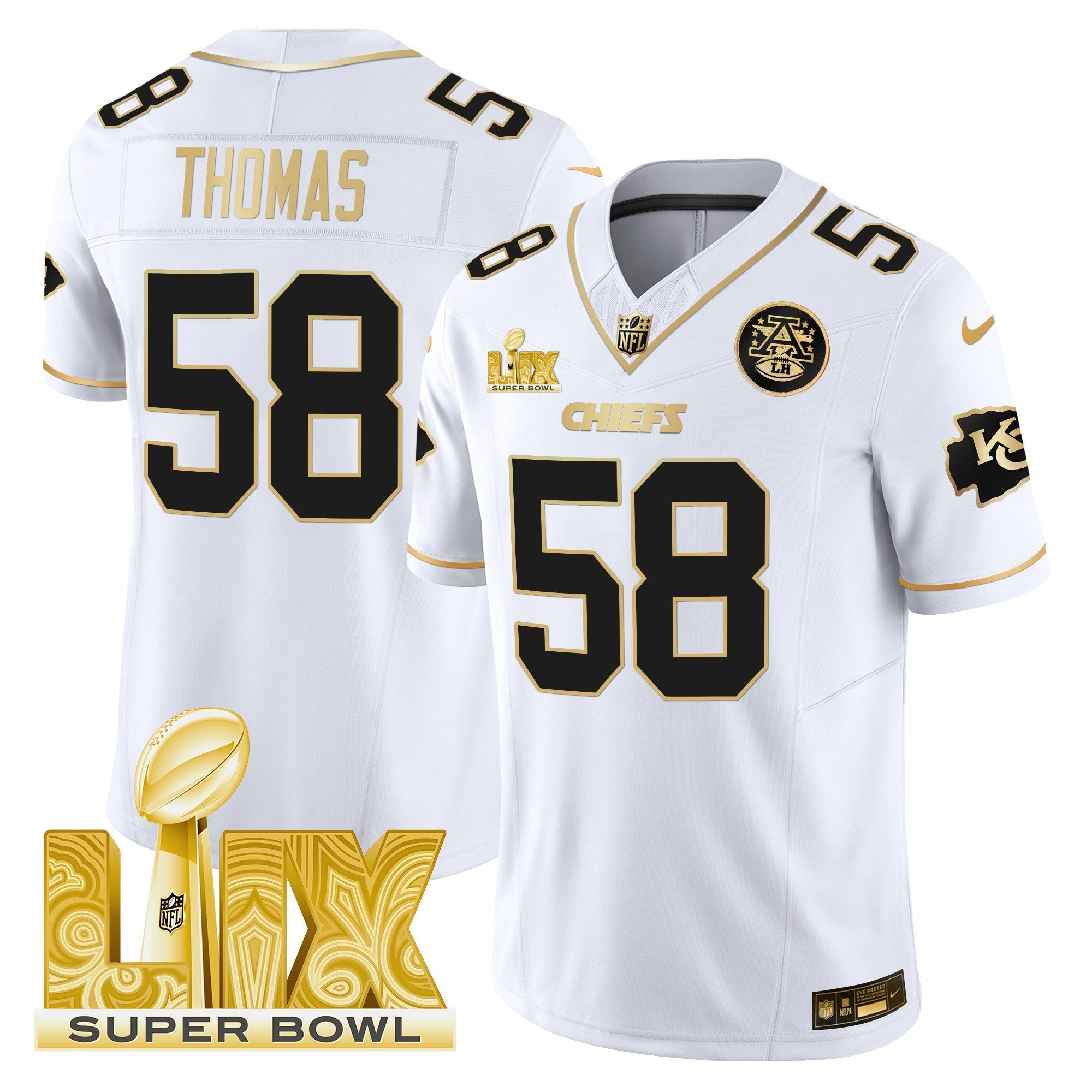 Chiefs Super Bowl LIX Patch Gold Vapor Limited Jersey – All Stitched – White Gold – Derrick Thomas Jersey