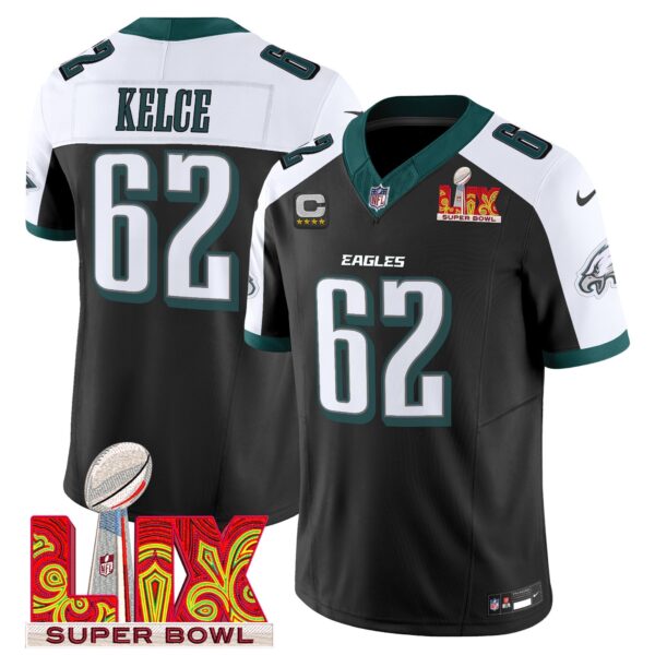 Philadelphia Eagles Super Bowl LIX Patch Vapor Limited Jersey – All Stitched – Black Alternate – Jason Kelce Jersey