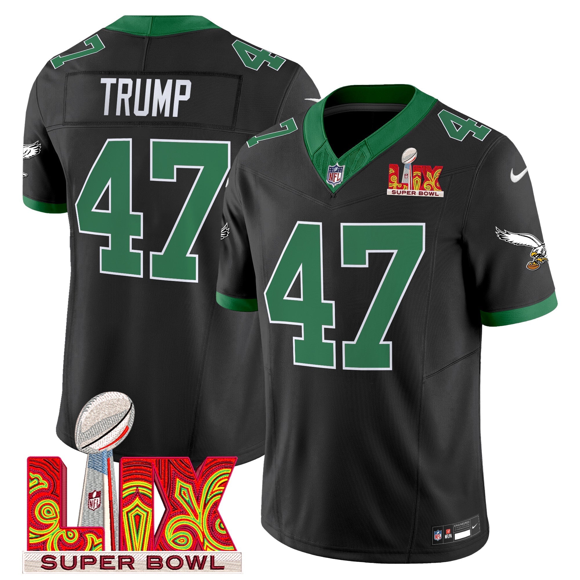 Philadelphia Eagles Kelly Green Super Bowl LIX Patch Vapor Limited Jersey – All Stitched – Black – Donald Trump Jersey