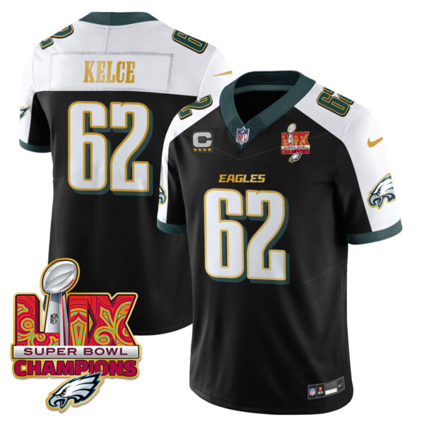 Philadelphia Eagles Super Bowl LIX Champions Gold Trim Vapor Limited Jersey – All Stitched – Jason Kelce – Black Alternate Jersey