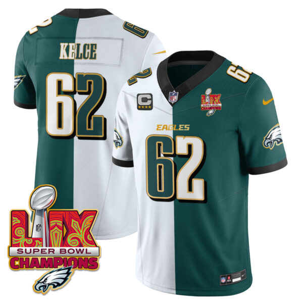 Philadelphia Eagles Super Bowl LIX Champions Gold Trim Vapor Limited Jersey – All Stitched – Jason Kelce – Split Jersey