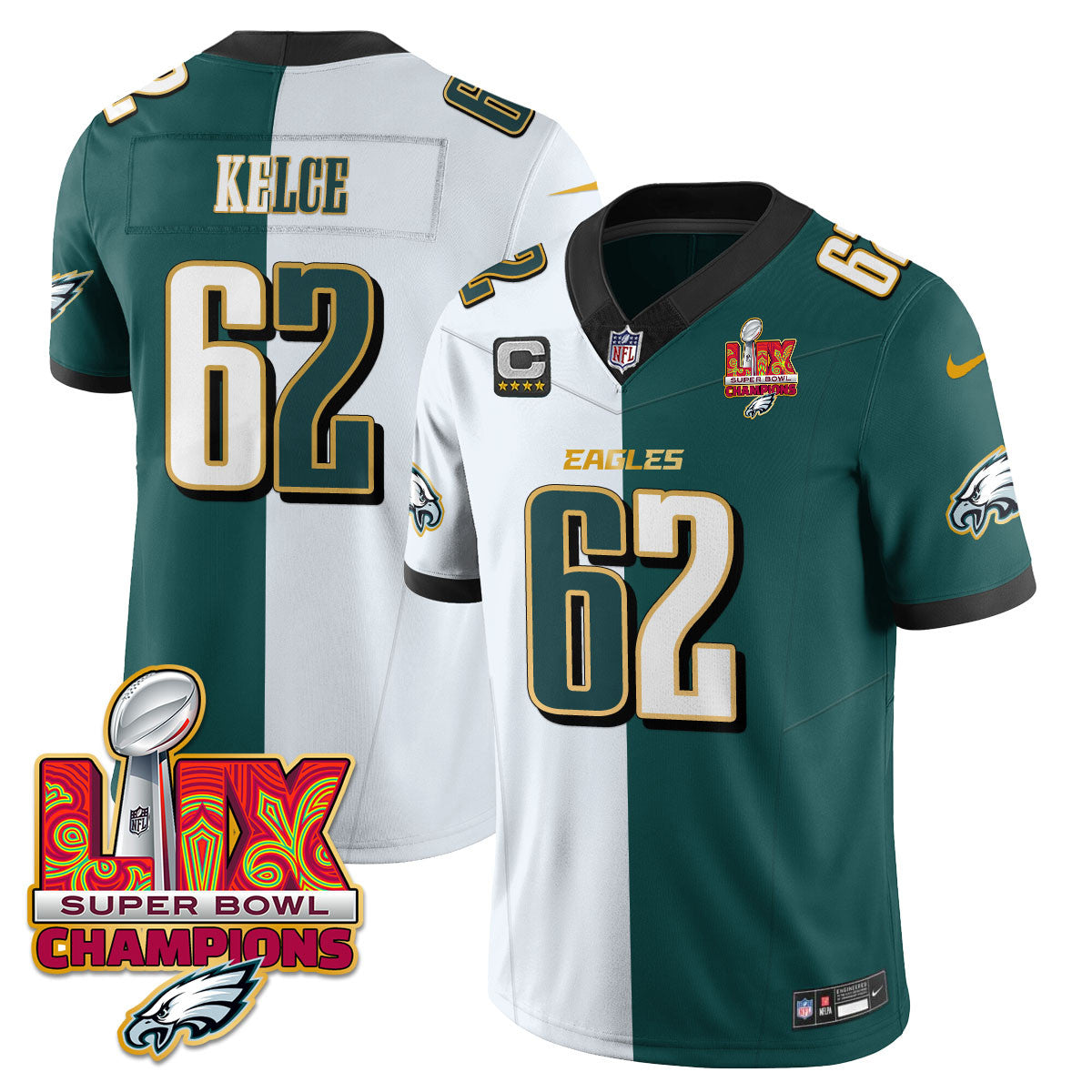 Philadelphia Eagles Super Bowl LIX Champions Gold Trim Vapor Limited Jersey – All Stitched – Jason Kelce – Split Jersey