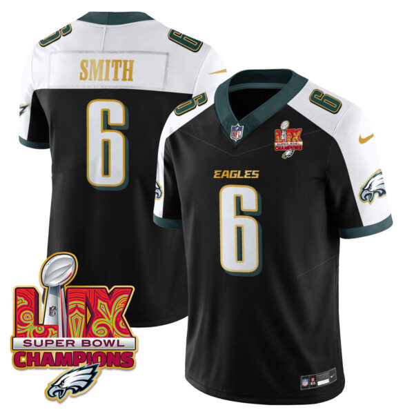 Philadelphia Eagles Super Bowl LIX Champions Gold Trim Vapor Limited Jersey – All Stitched – DeVonta Smith – Black Alternate Jersey