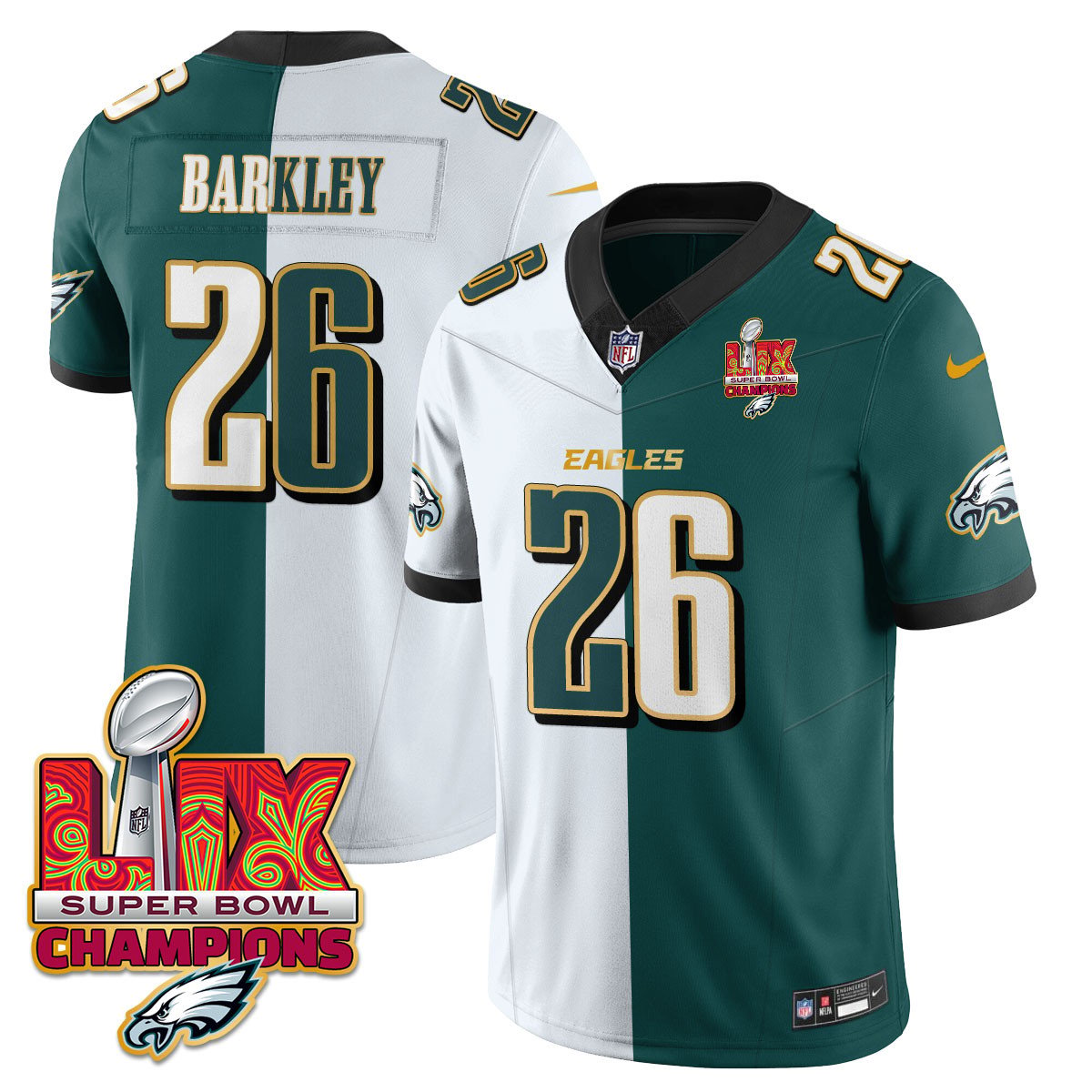 Philadelphia Eagles Super Bowl LIX Champions Gold Trim Vapor Limited Jersey – All Stitched – Saquon Barkley – Split Jersey