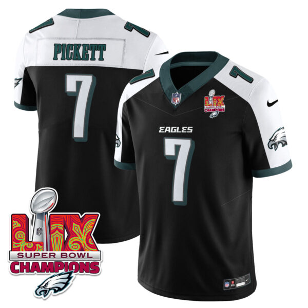 Philadelphia Eagles Super Bowl LIX Champions Gold Trim Vapor Limited Jersey – All Stitched – Kenny Pickett – Black Alternate Jersey