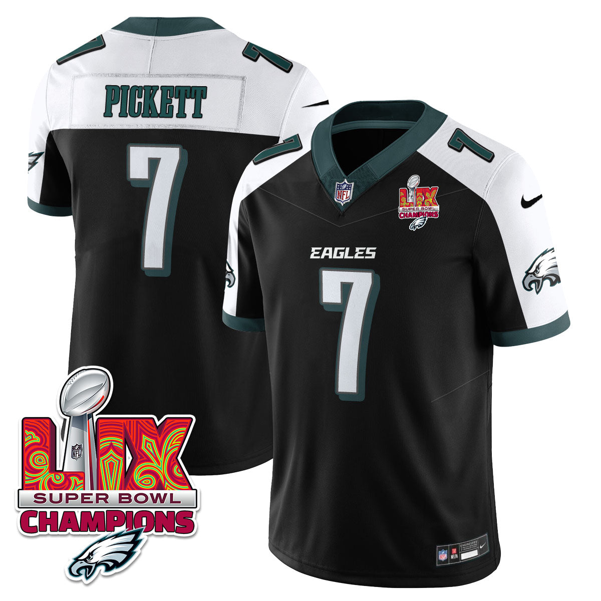 Philadelphia Eagles Super Bowl LIX Champions Gold Trim Vapor Limited Jersey – All Stitched – Kenny Pickett – Black Alternate Jersey